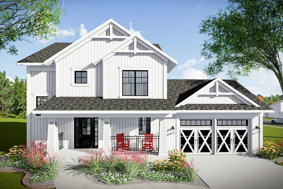 House plan exterior. Two-story Modern Farmhouse with gables, a covered porch, and a side-entry garage. Features include board and batten siding.
