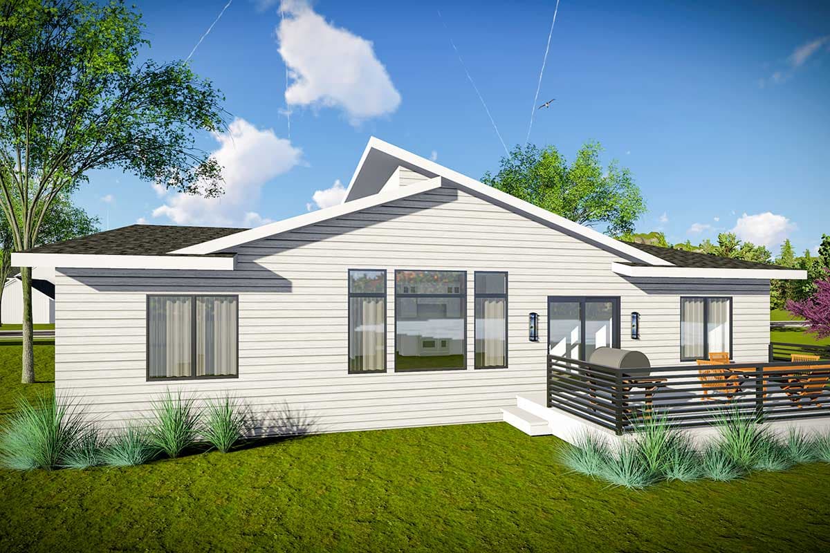 Modern ranch house plan exterior with a prominent gable, horizontal siding, large windows, and a deck with outdoor grill.