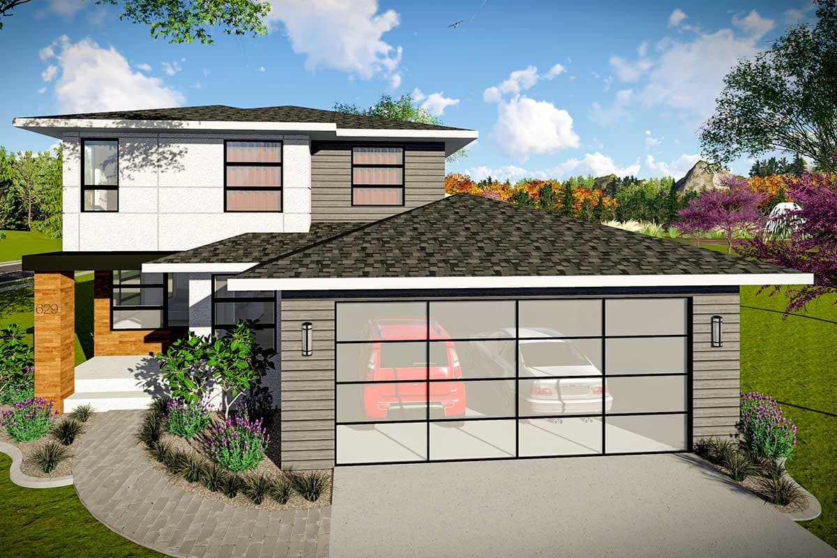 House plan exterior. Modern style, two stories, features a flat roof, large windows, and a glass-paneled garage door.