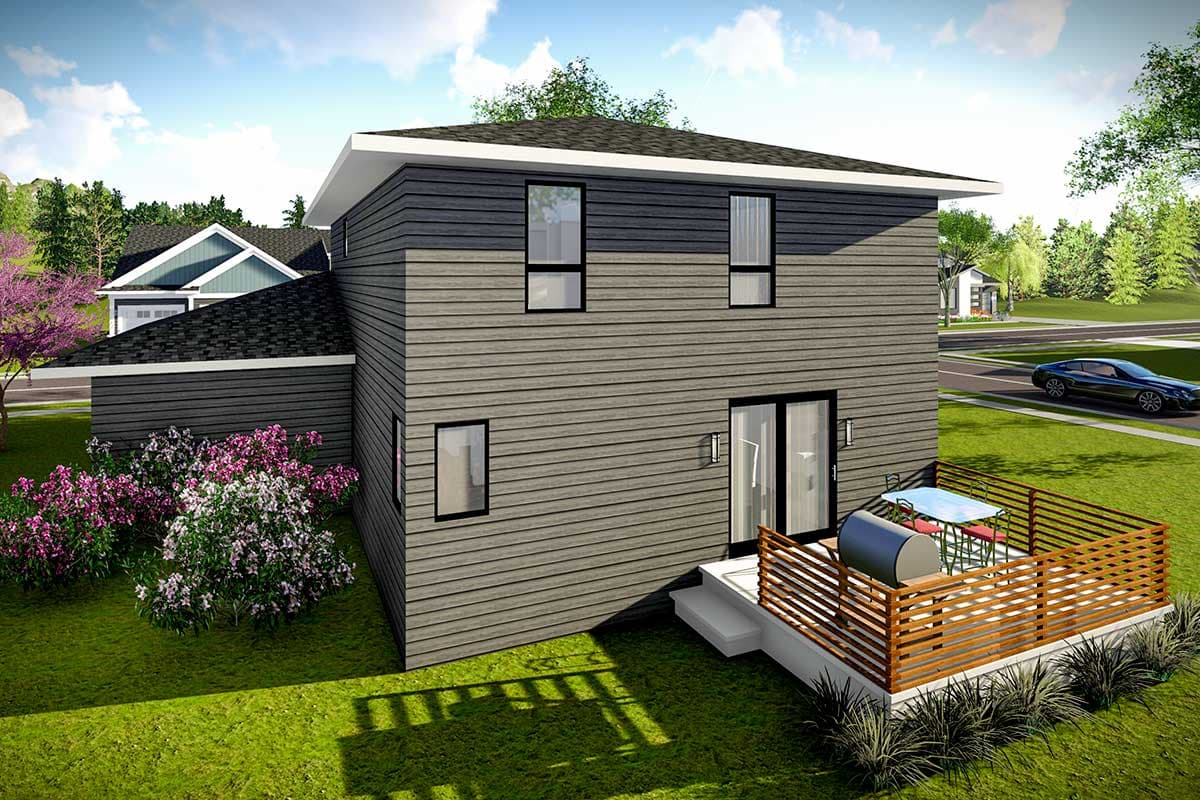 House plan exterior: Modern two-story home with horizontal siding, flat roofline, deck, and sliding glass doors.