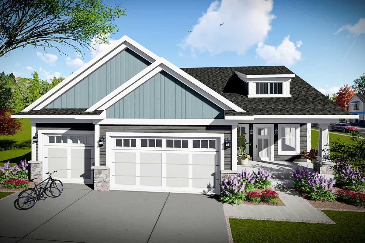 House plan exterior with Craftsman style, two-car garage, front porch, dormer window, and gabled rooflines.