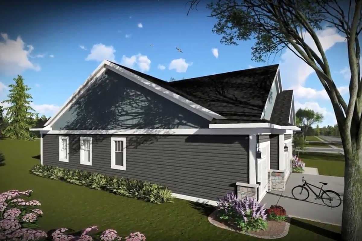 House plan exterior showing a dark-sided, single-story home with a prominent gable end, a covered porch, and multiple windows.