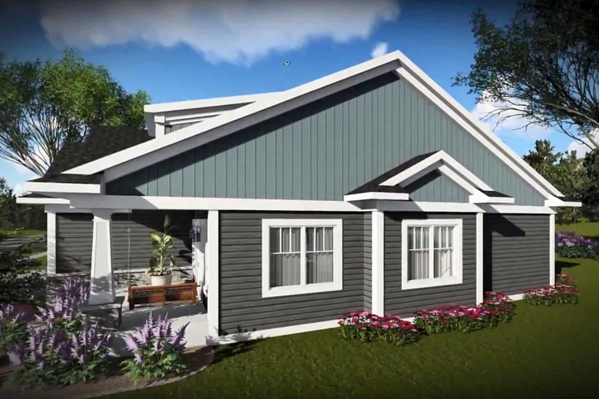 House plan exterior of a 1-story Modern Farmhouse with a covered porch, board and batten siding, and multiple gables.