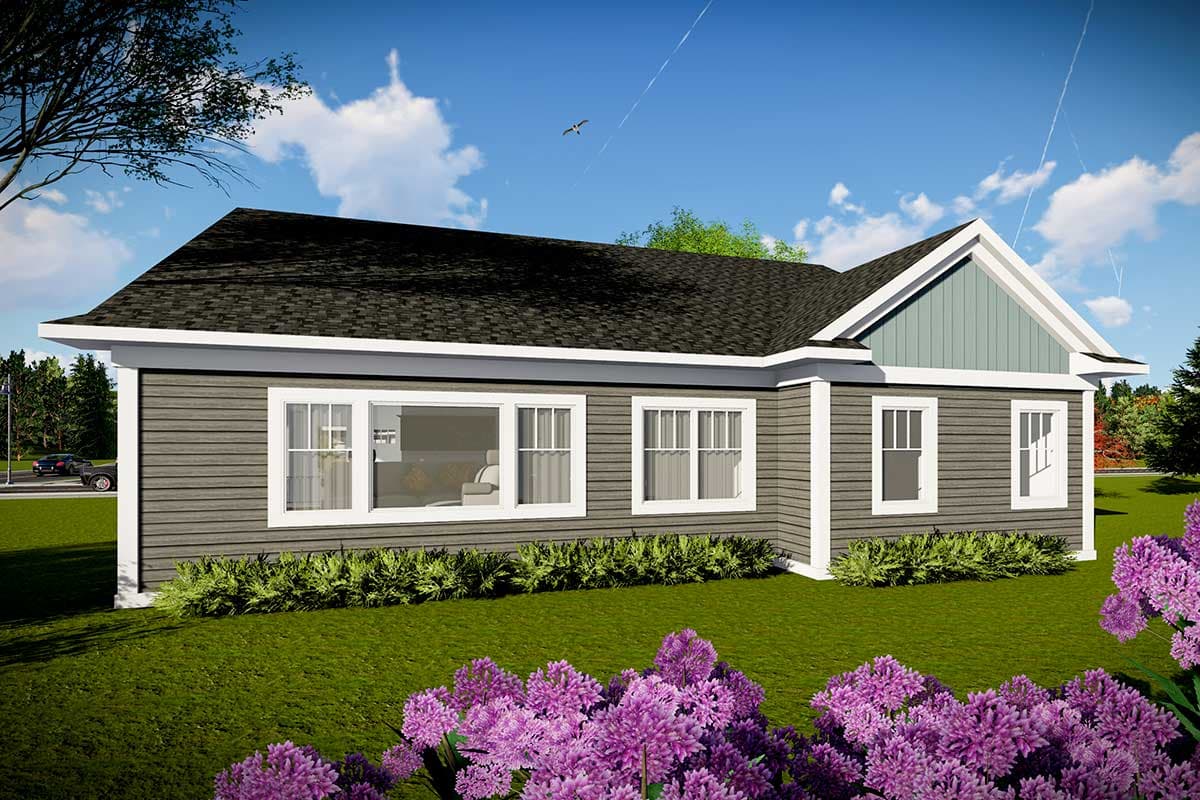 House plan exterior rendering: Ranch-style, single-story home with horizontal siding, gabled dormer, and white-trimmed windows.