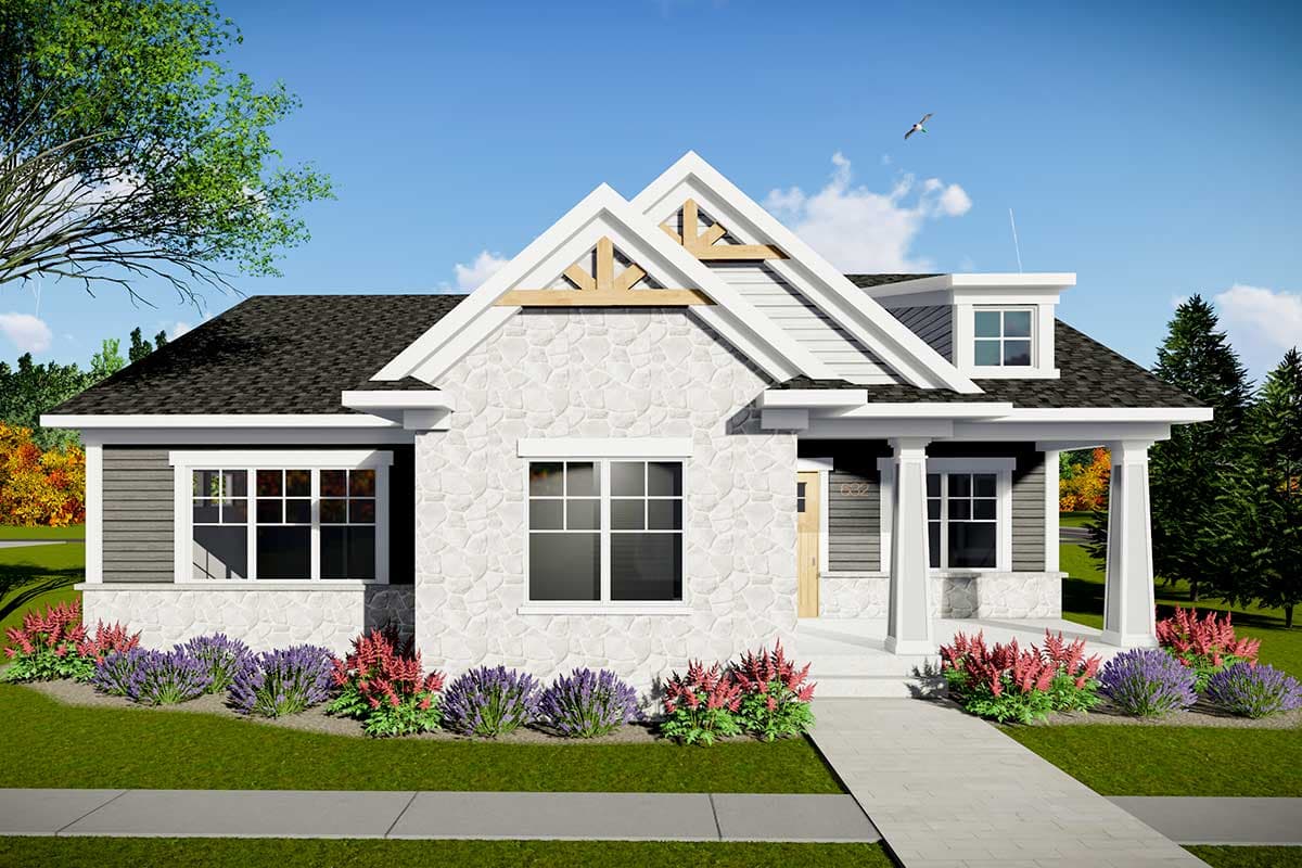 House plan exterior with stone veneer, gable roof, and porch with columns. Features a dormer and decorative trim accents.