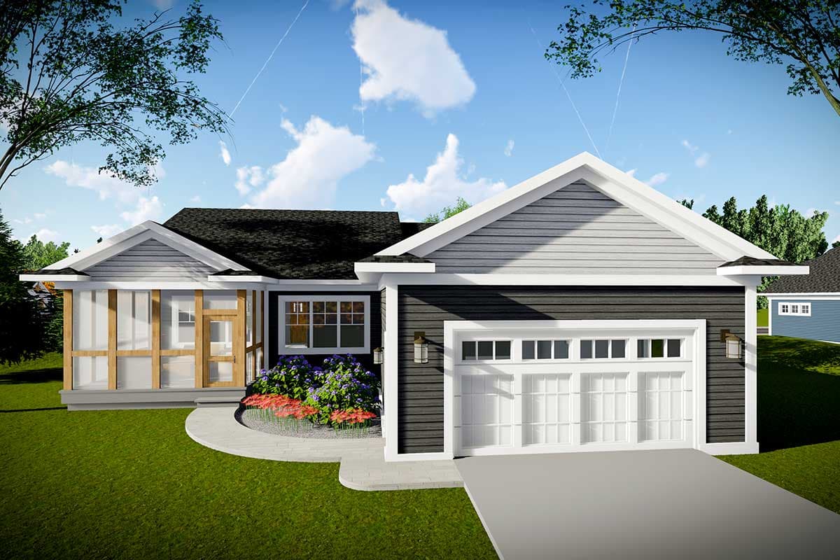 House plan exterior: Contemporary Ranch with screened porch, gables, and two-car front-facing garage.