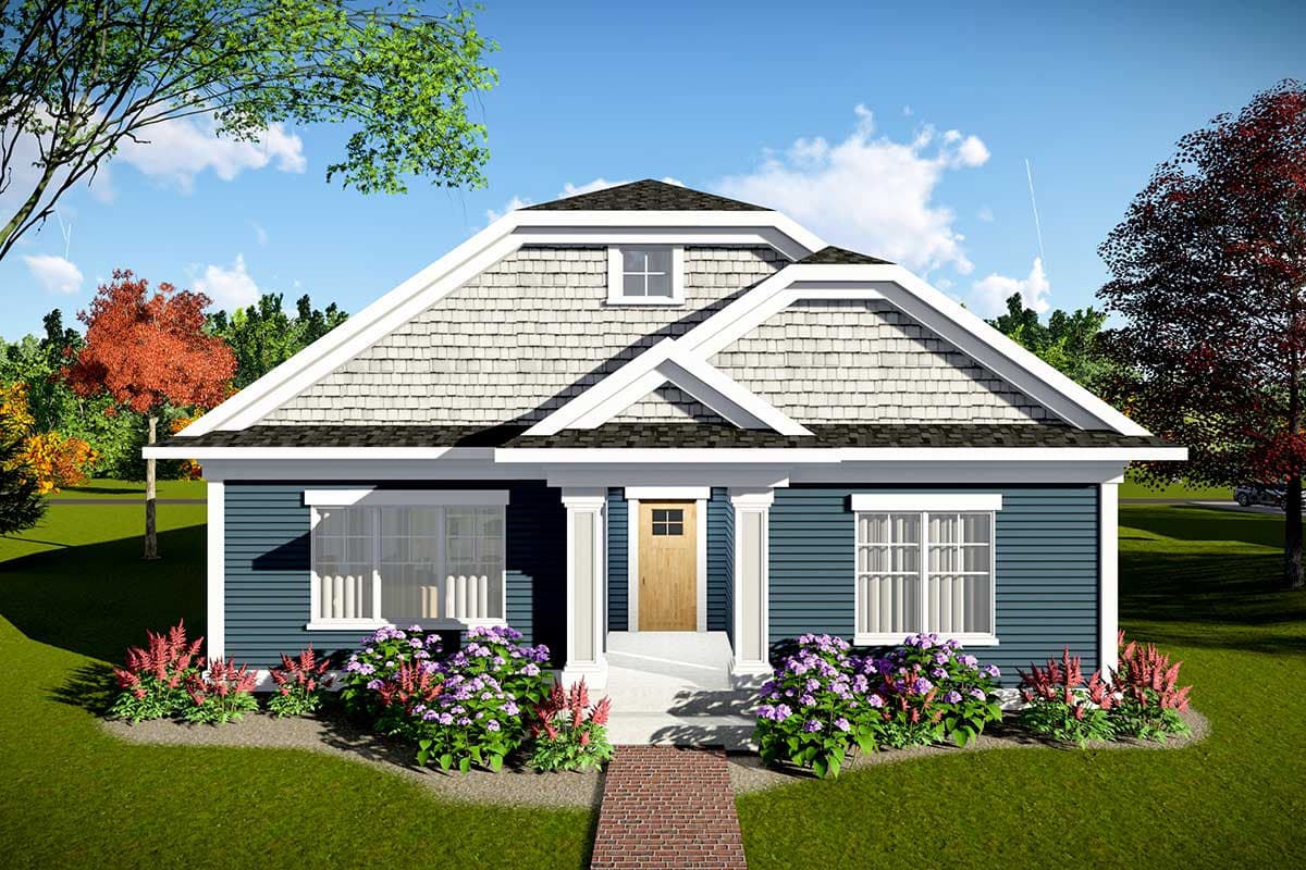 House plan exterior. One-story Craftsman home with a gabled roof, dormer, and columned entry porch. Features include shingle siding and window trim.