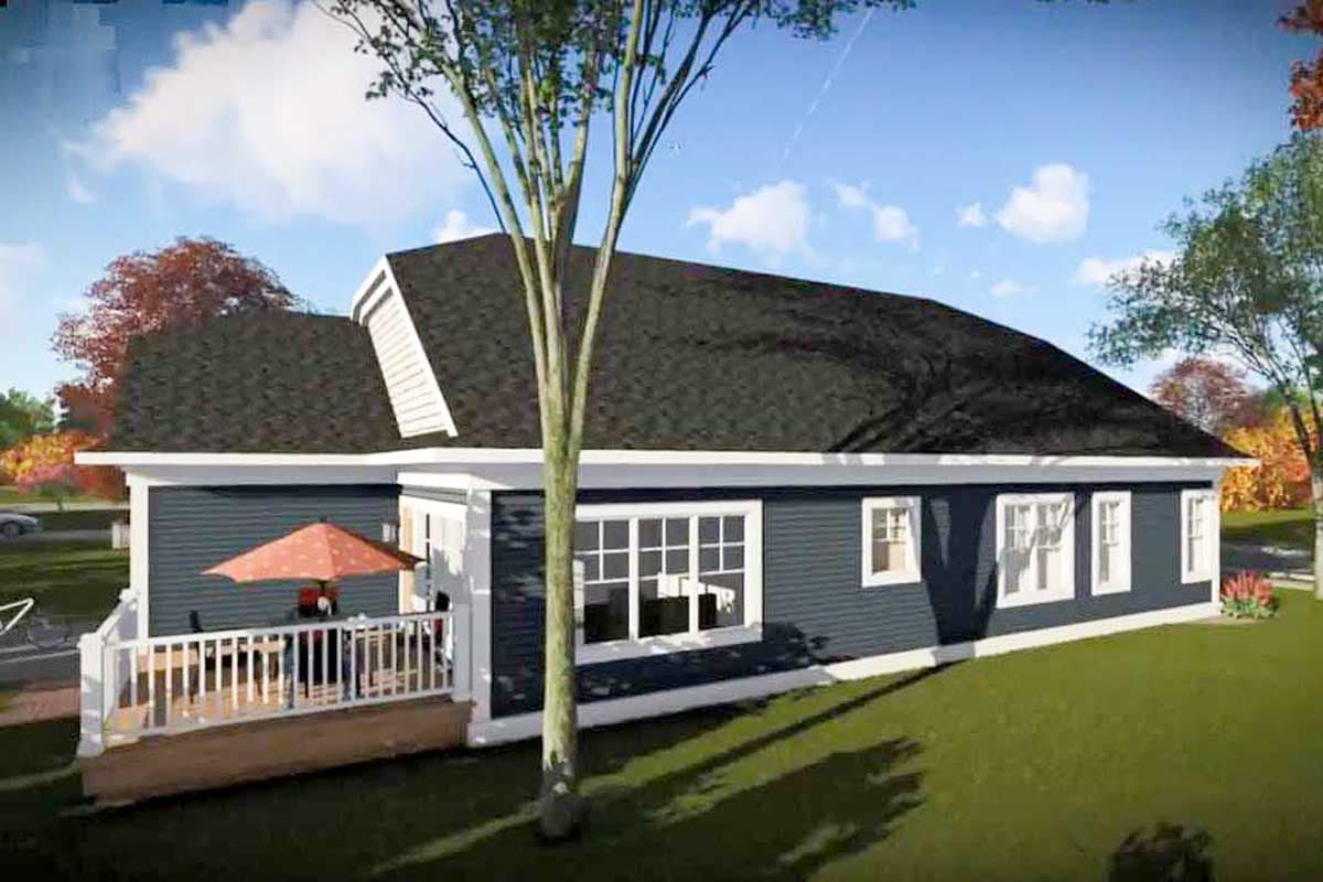 House plan exterior: one-story Modern Farmhouse with wraparound porch, gable dormer, and large grid windows.