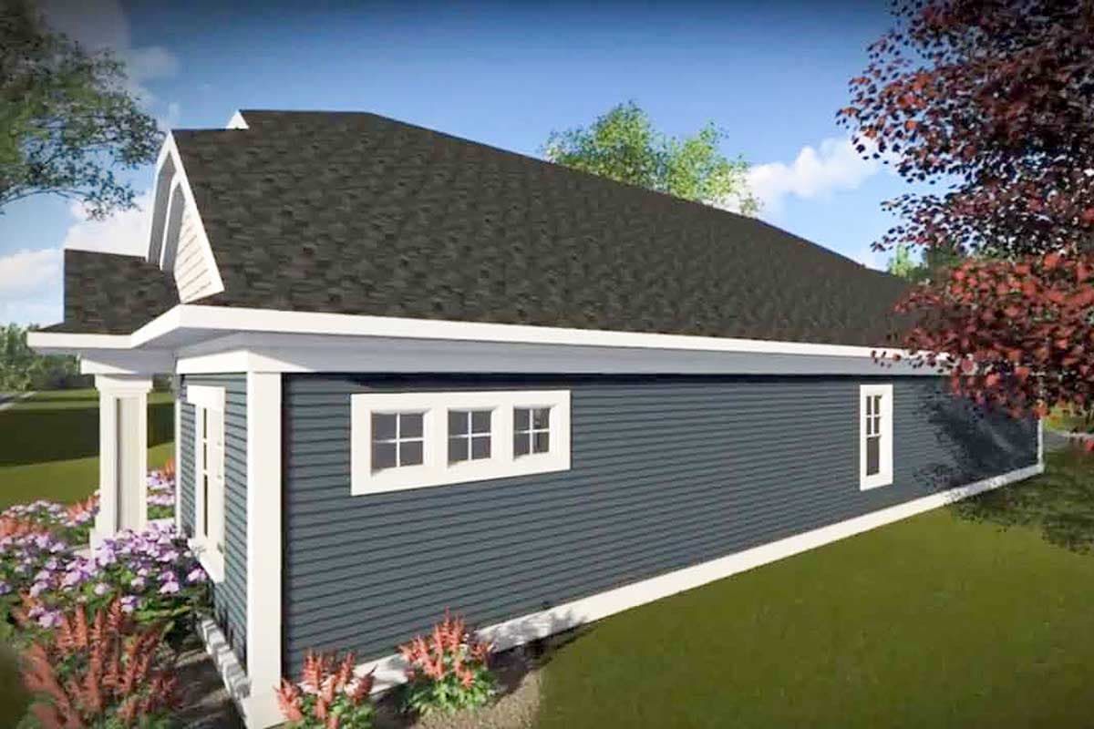 House plan exterior: One-story Modern Farmhouse with gabled dormer, wide eaves, columns, and horizontal siding.