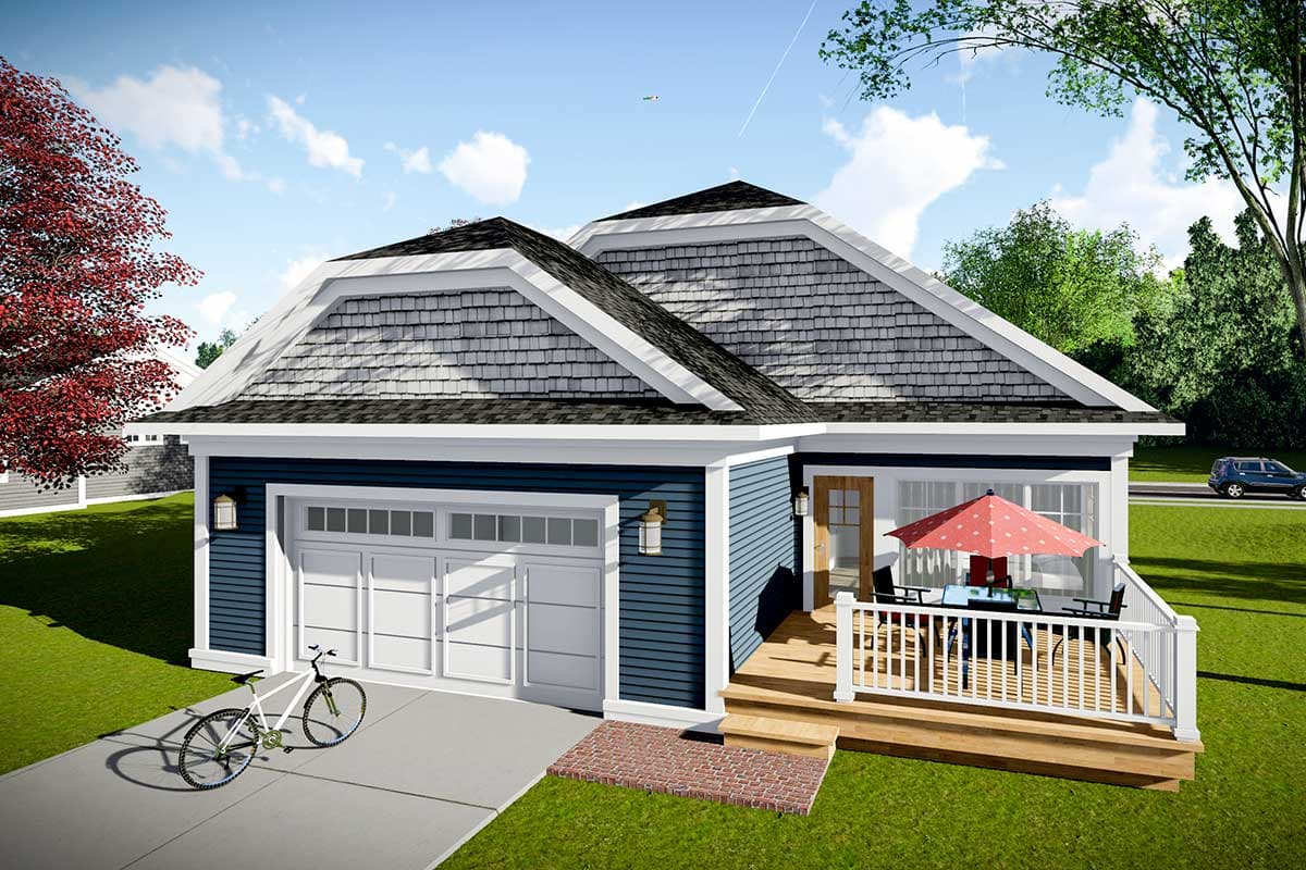 House plan exterior featuring a main-level garage, a front deck with railing, and gabled dormers with shingle siding.