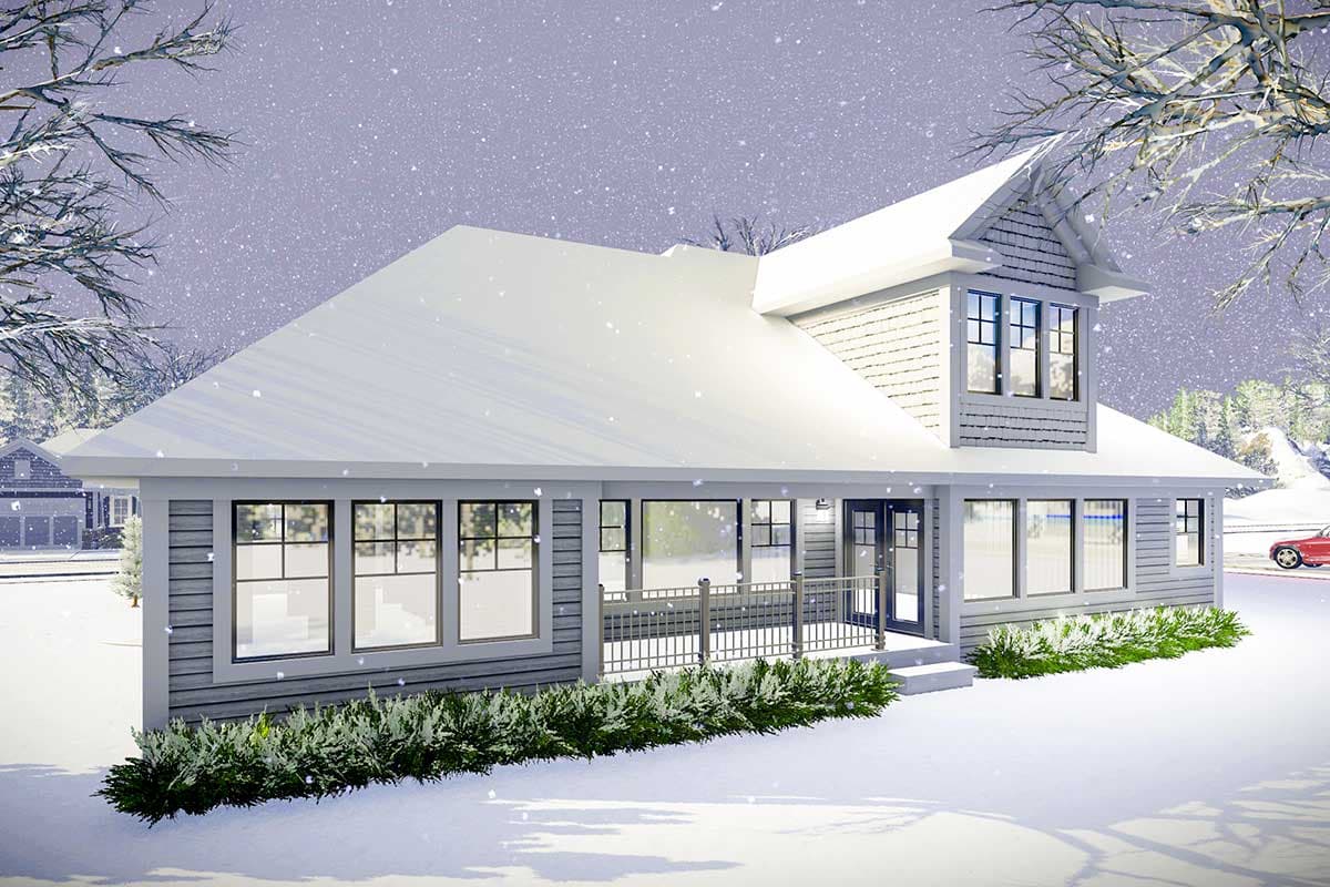 House plan exterior: One-story Modern Farmhouse with wrap-around porch, gabled dormer, and wide windows.