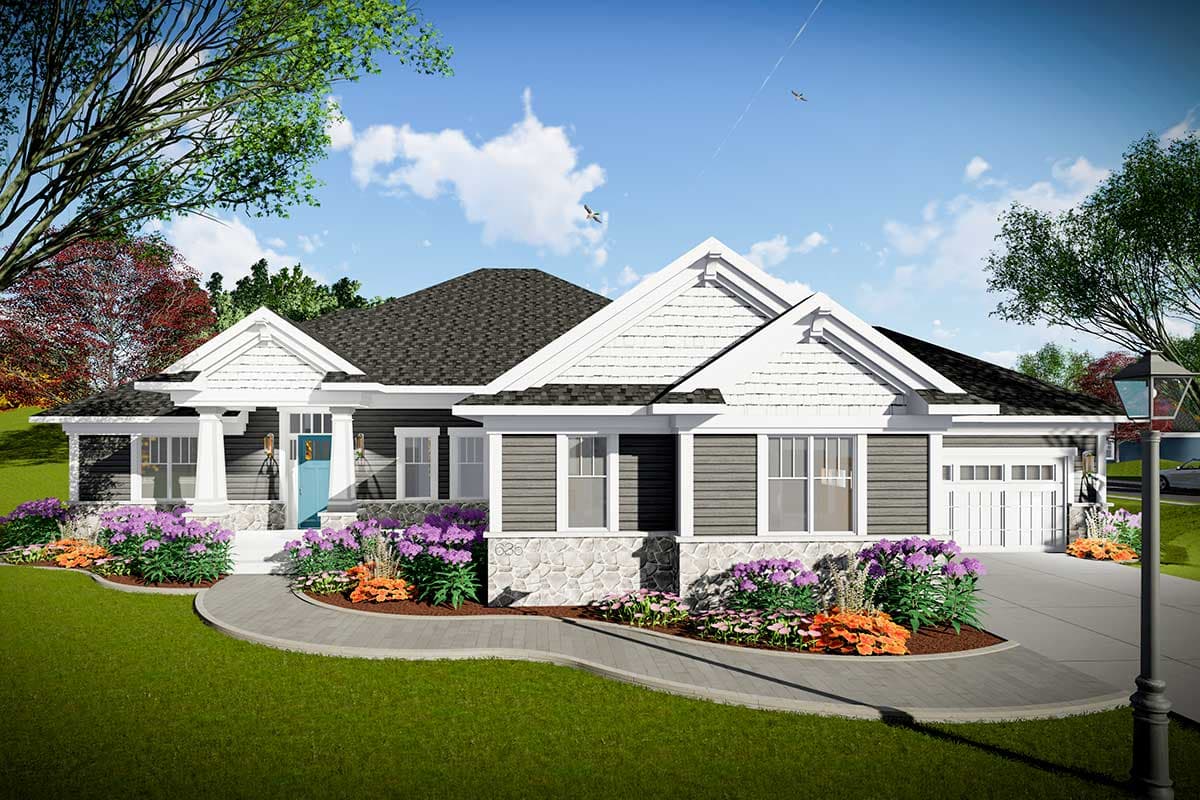 House plan exterior. Craftsman style, one-story home with gabled roof, front porch with columns, and attached garage with a gable.