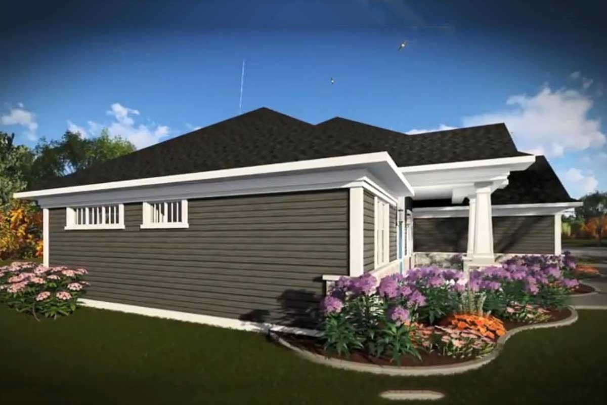 House plan exterior with horizontal siding, gabled roof, and covered entry porch supported by square columns.