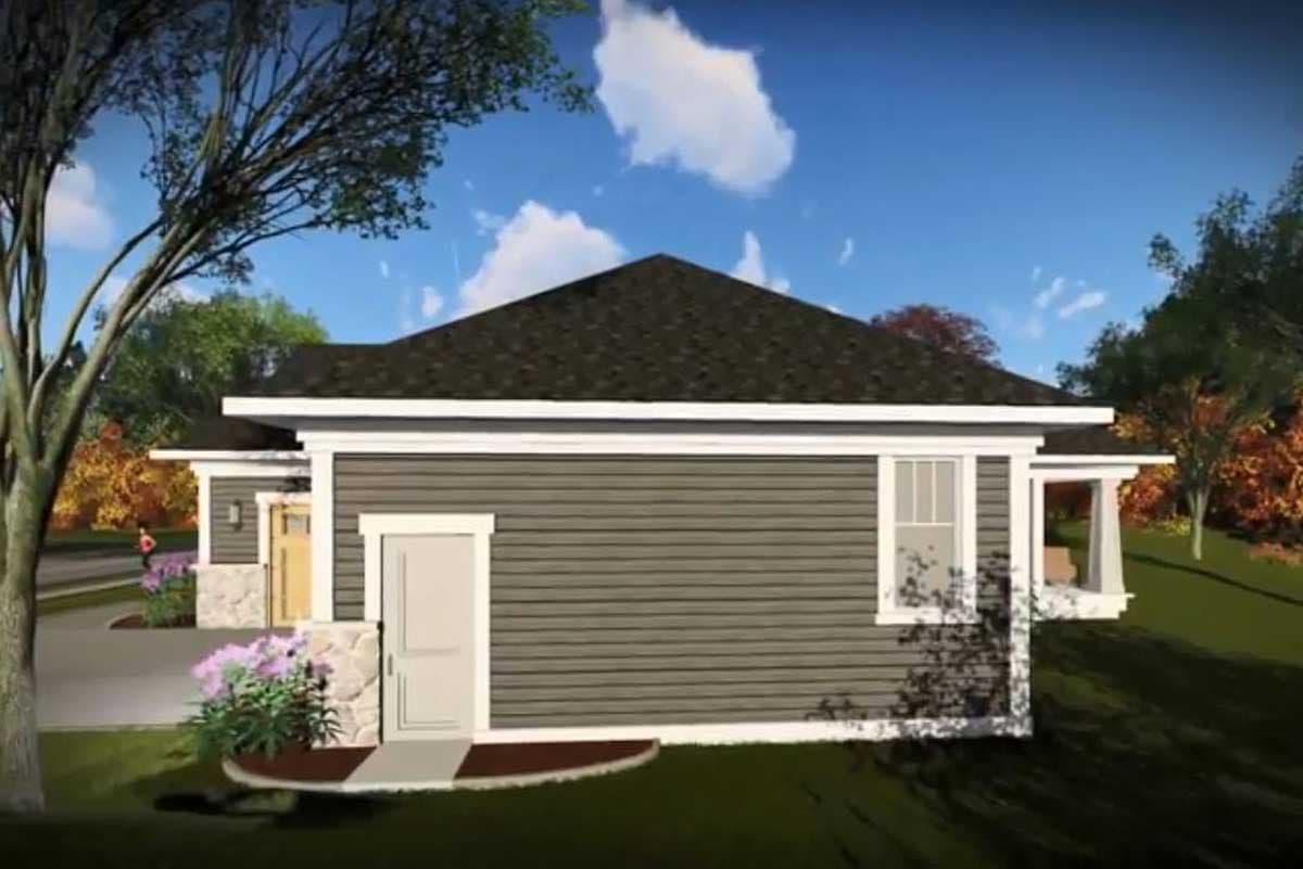 House plan exterior: one-story home with horizontal siding, stone accents, prominent gables, and covered porches.