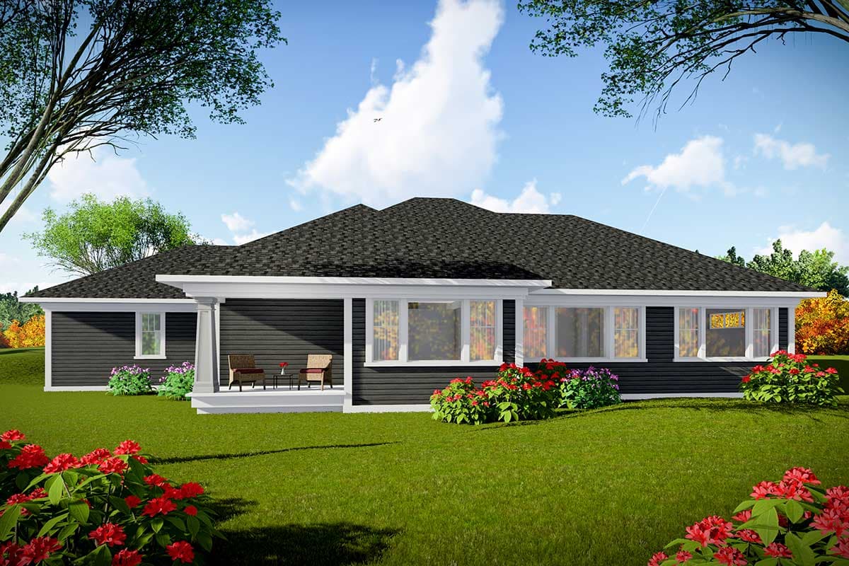 House plan exterior: One-story modern home with covered front porch, dark siding, and multiple large windows.