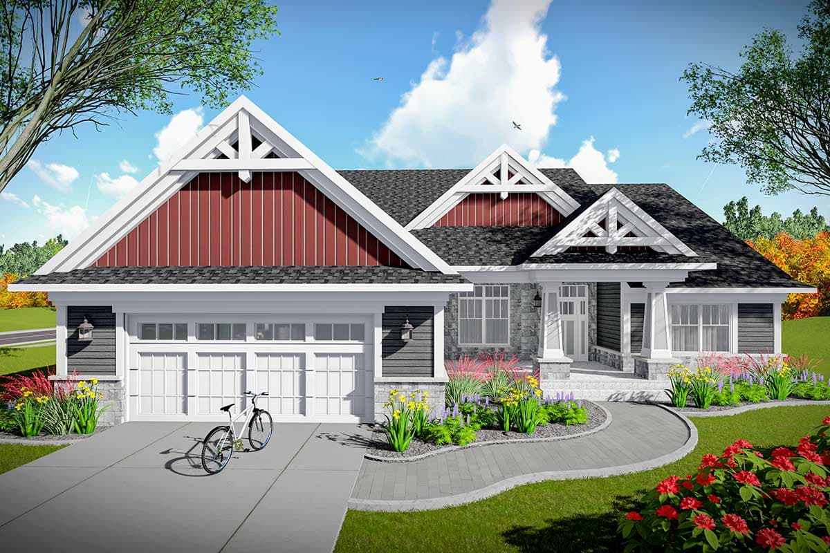 House plan exterior with Craftsman style, featuring a gabled roof, a front-entry porch, and a two-car garage. Two stories.