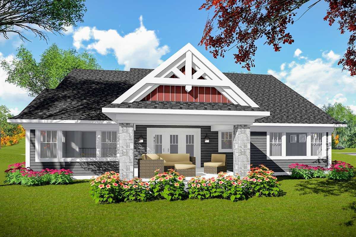 Craftsman style house plan exterior, one story, with a covered front porch, stone-clad columns, and prominent gable.