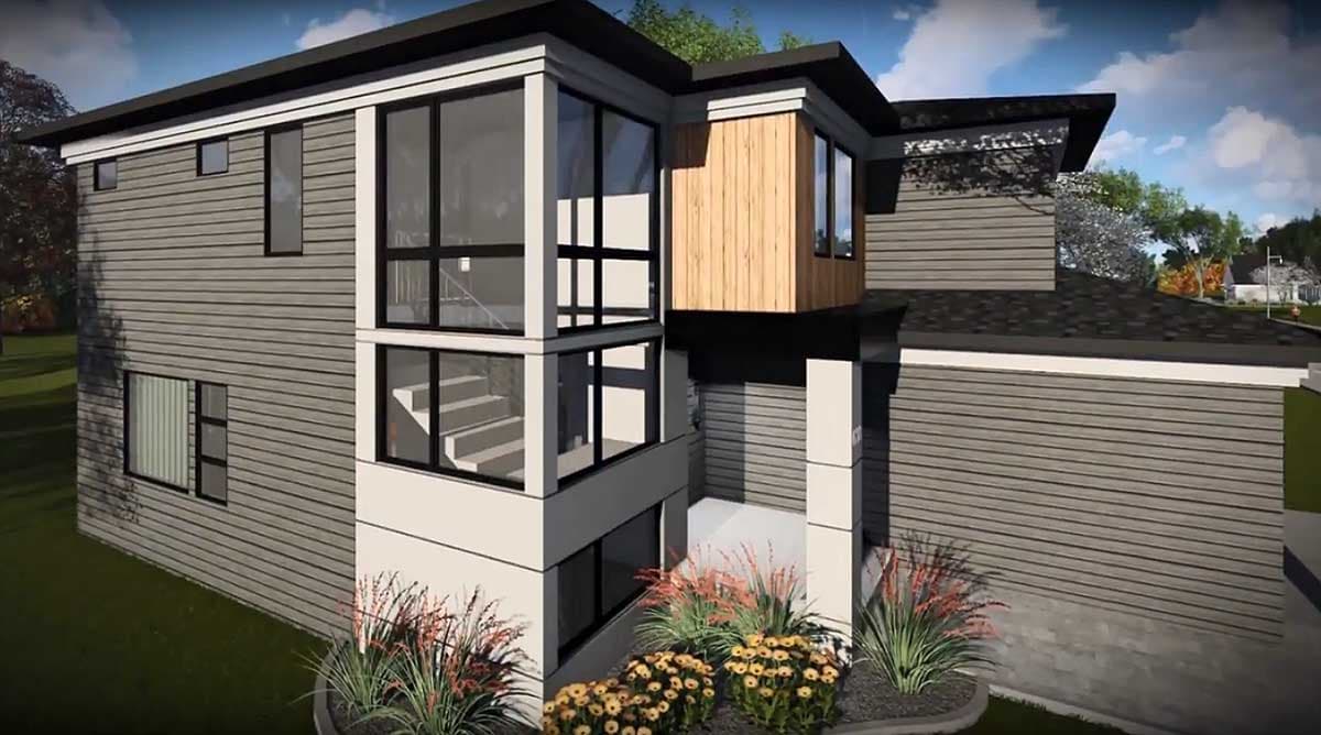 House plan exterior: modern style, two stories, with prominent glass staircase tower, horizontal siding, and cantilevered wood-clad section.