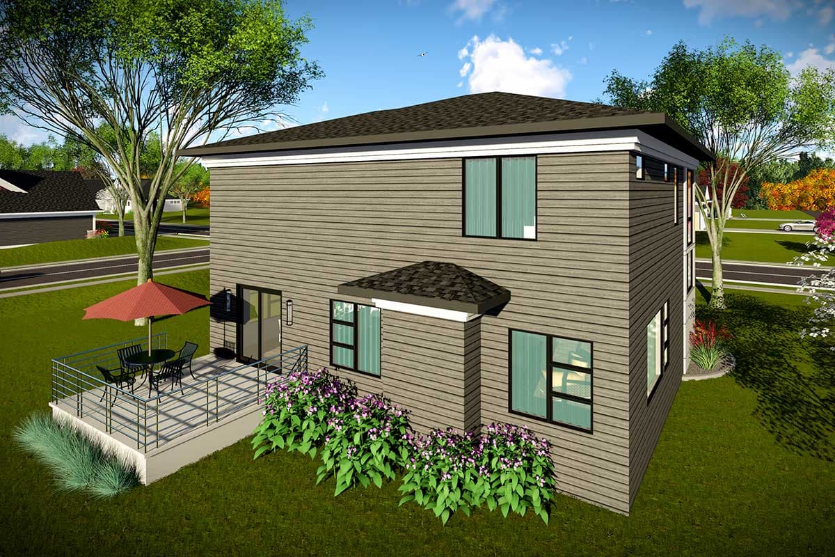 Two-story Modern house plan exterior with horizontal siding, a flat roofline, and a wraparound deck.