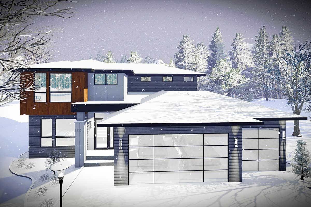 House plan exterior. Modern style with two stories, flat rooflines, large windows, and a glass-paneled garage door. Exterior features wood accents.