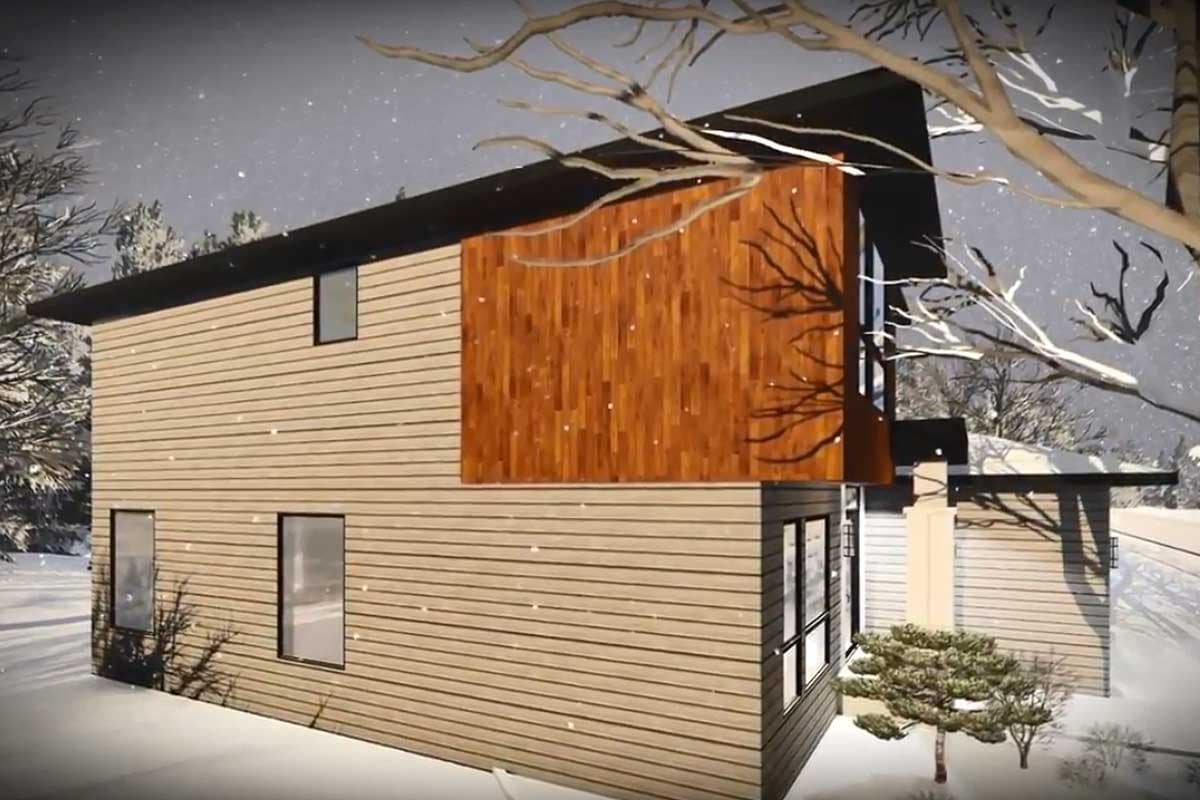 Modern house plan exterior with horizontal siding, prominent wood accent wall, and flat roofline. Two stories visible.