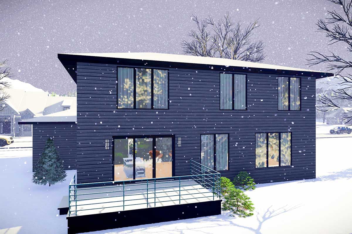 Modern two-story house plan exterior with dark horizontal siding, asymmetric roofline, large windows, and a deck.