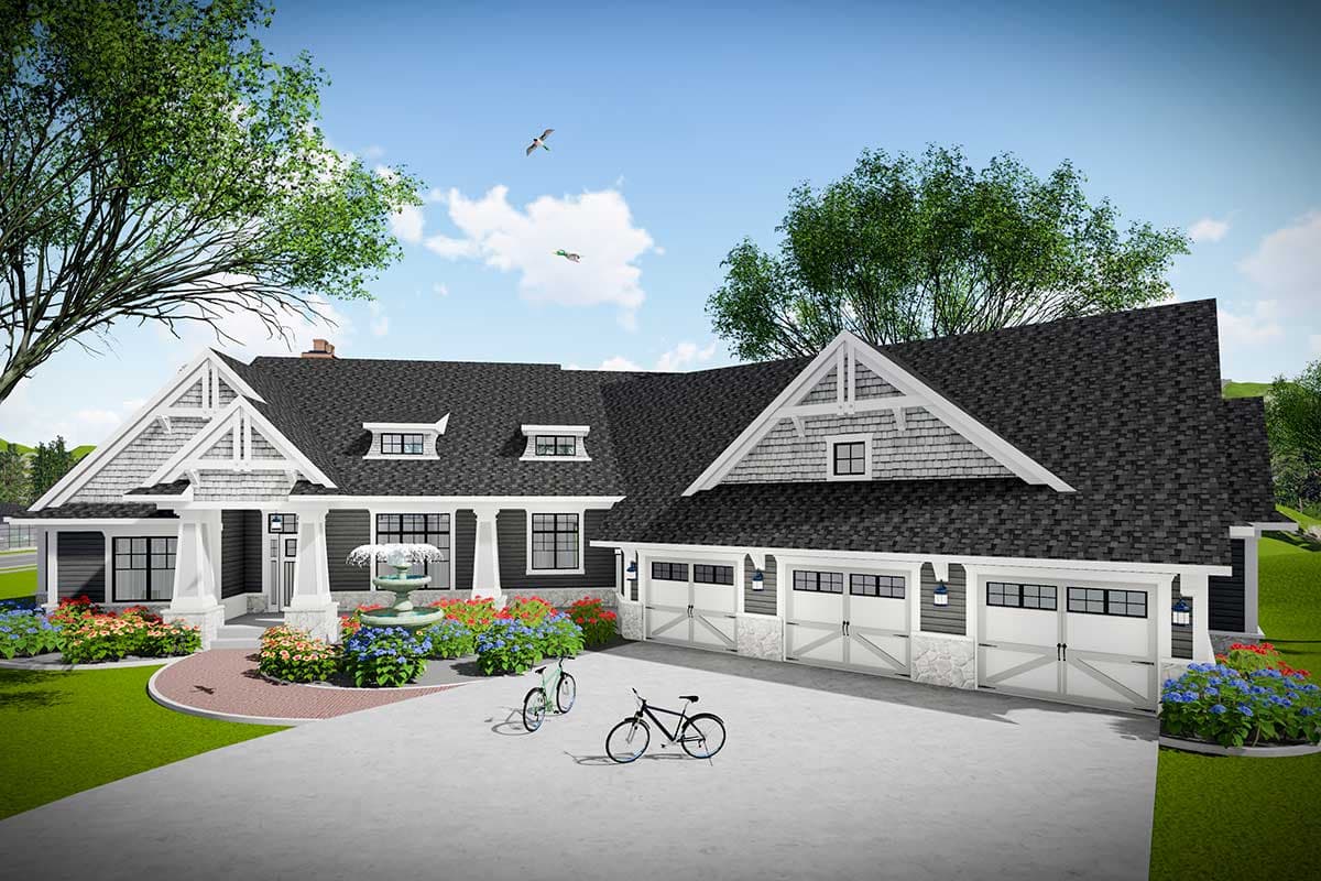 House plan exterior. Craftsman style with a gabled roof, dormers, and a prominent front porch. Features an attached three-car garage.