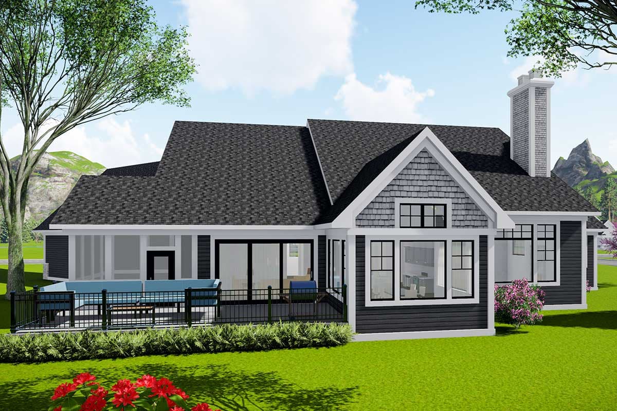 House plan exterior: Ranch style with large gabled dormer, prominent chimney, and covered deck with hot tub.