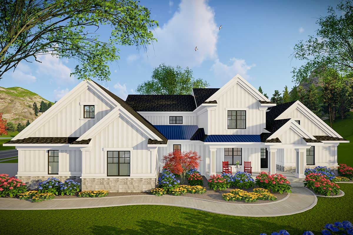 House plan exterior. Modern Farmhouse style, two stories, with gables, a covered porch, and a mix of horizontal and vertical siding.