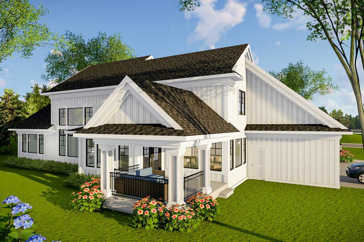 Modern Farmhouse house plan exterior with white board and batten siding, prominent gables, and covered porch with black railings.