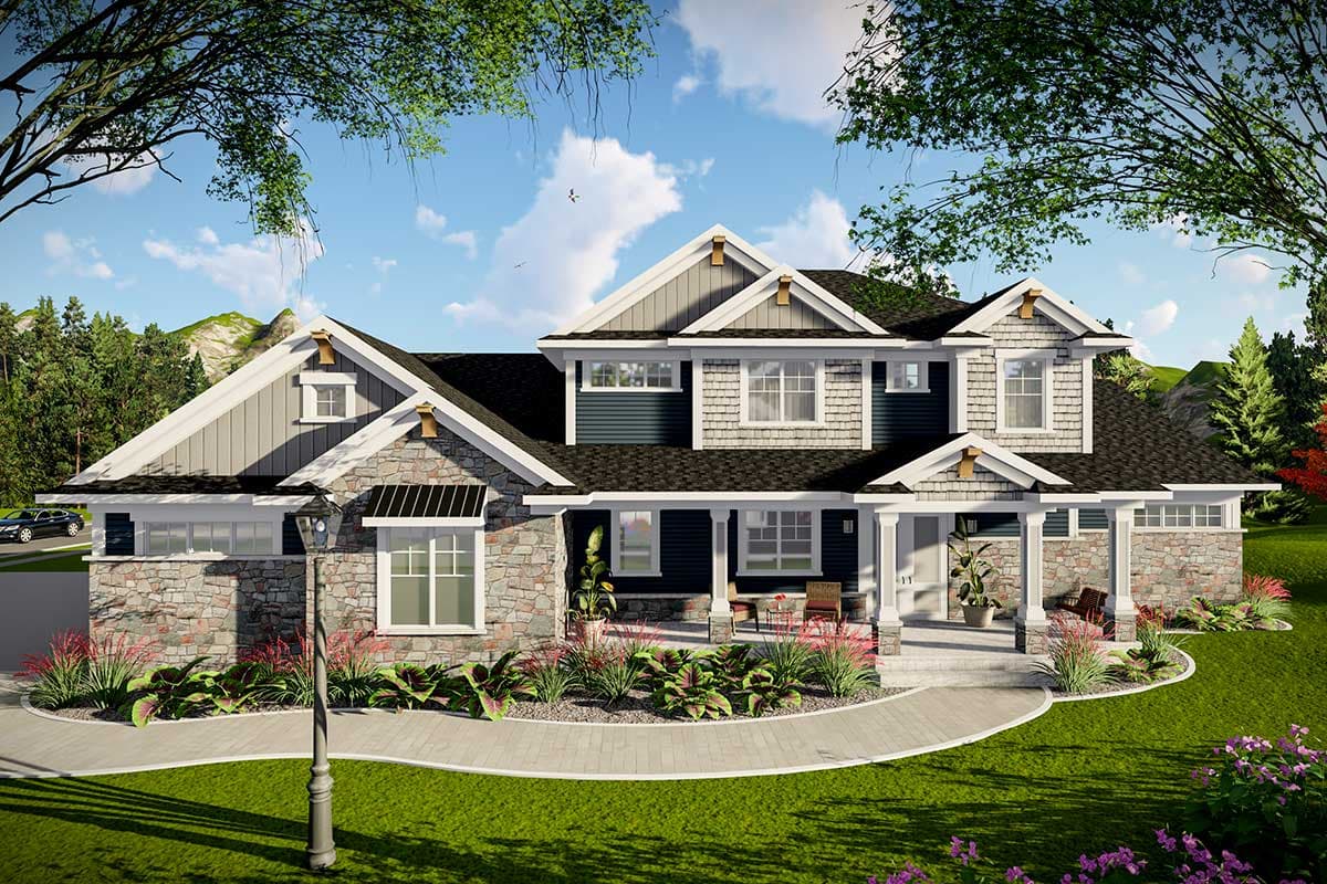 House plan exterior. Two-story Modern Farmhouse with stone facade, gabled rooflines, and covered front porch.