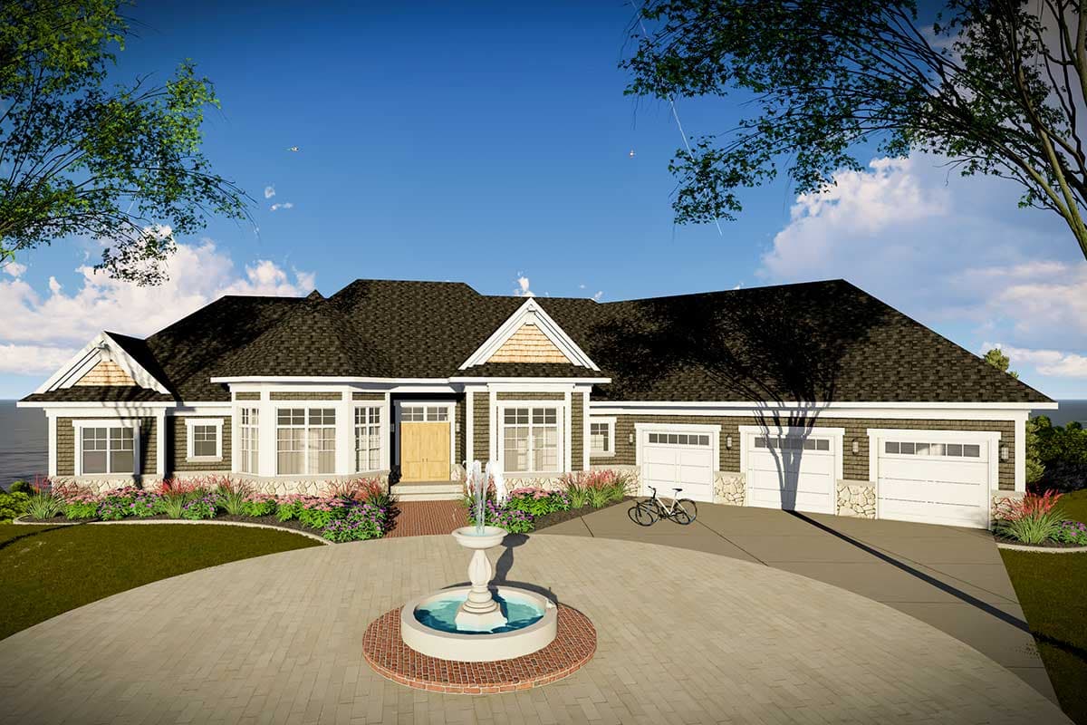House plan exterior with Craftsman style, single story, gabled roof, and attached garage. Includes a brick and stone facade, plus a circular driveway.