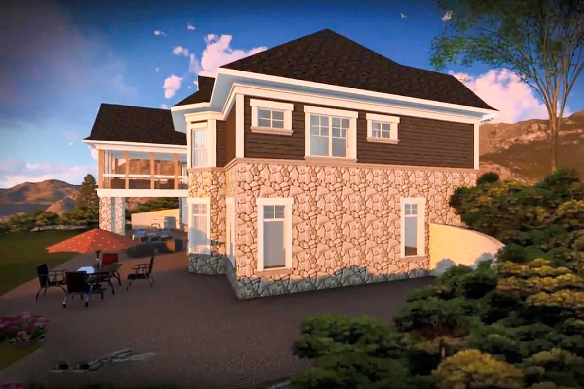 House plan exterior with stone base, clapboard siding, dormers, and screened porch.
