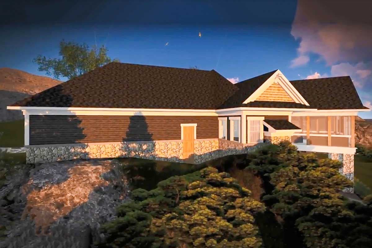 House plan exterior: One-story home with stone foundation, horizontal siding, gable, and screened porch.