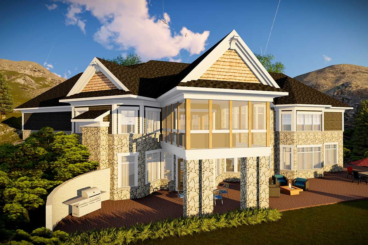 House plan exterior: multi-story home with stone facade, screened porch, gables, and shingle siding.