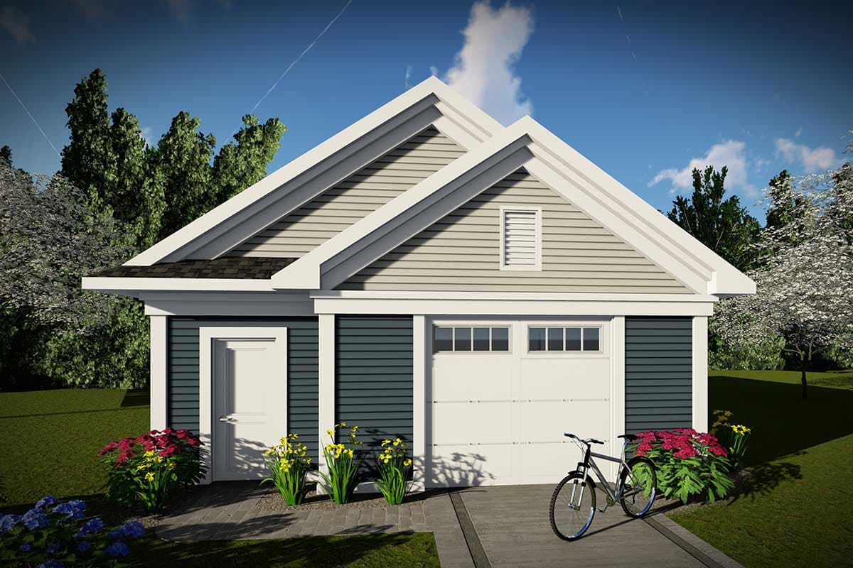 House plan exterior featuring a gable roof, white trim, and a two-car garage. Vertical siding with a matching entry door is on the side.