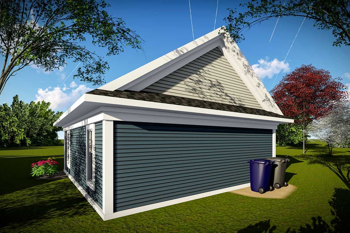 House plan exterior showing a one-story structure with blue horizontal siding, white trim, and a prominent gable with light-colored vertical siding.