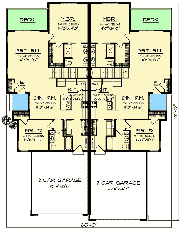 Plan 890091AH: Craftsman Duplex with Matching 2-Bedroom Units - Floor Plan - Main Level - Craftsman, Northwest, Traditional