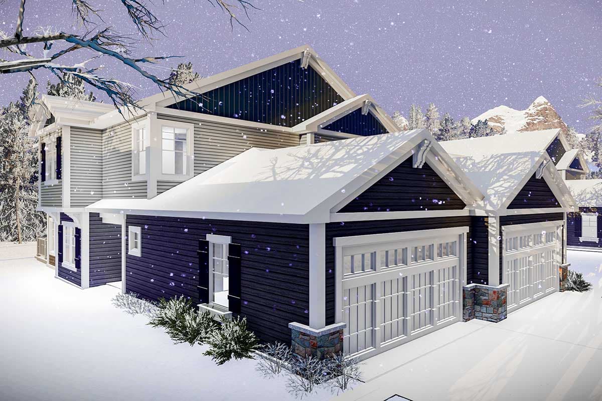 House plan exterior with a two-story main building, gabled rooflines, and attached multi-car garage with stone accents.