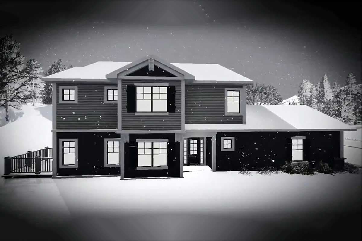 House plan exterior: Two-story modern house with gable accent, horizontal siding, a covered entry, and multiple windows.