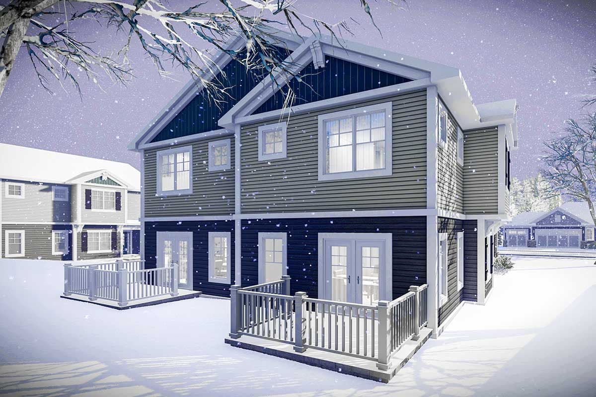Townhouse exterior with two stories, gabled roof, and two front doors with porches.
