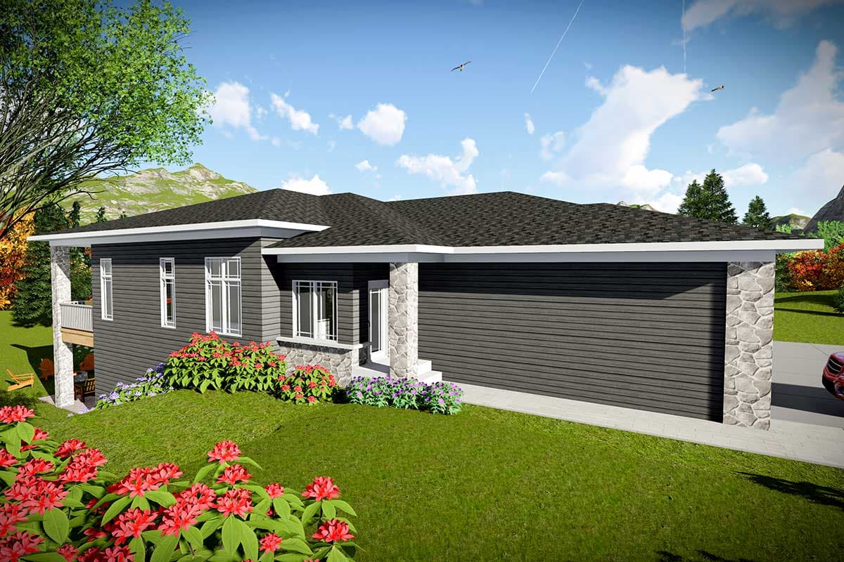 House plan exterior with modern design. Features include stone accents, a covered porch, and a side-entry garage. Single-story structure.