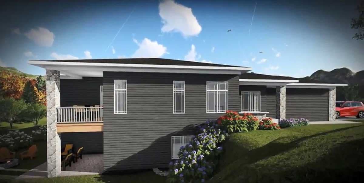 House plan exterior: Modern style, single-story with stone accents, a deck, and a two-car garage.