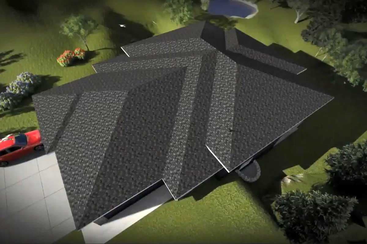 House plan exterior with multiple intersecting gables, attached garage, and dark asphalt shingle roof.