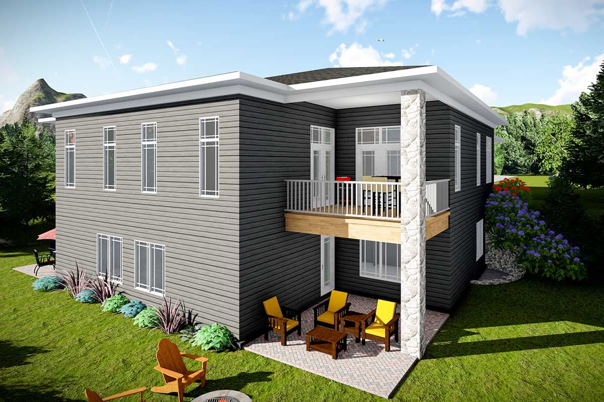 House plan exterior, two stories, horizontal siding, upper balcony, stacked stone accent column, numerous windows.