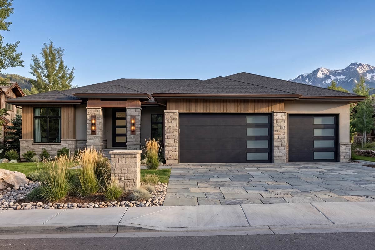 Modern ranch house plan exterior with stone accents, wood siding, three-car garage with glass panel doors, and a covered entry.