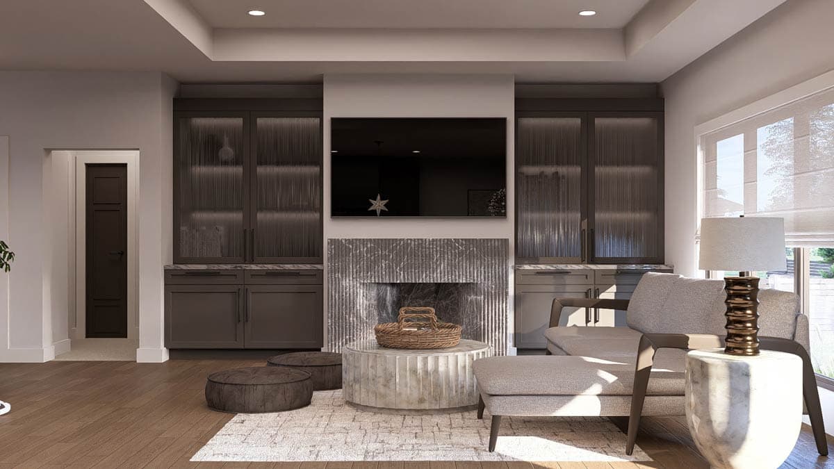 Living room rendering with a fireplace, media console, built-in cabinets, seating, and a coffee table.