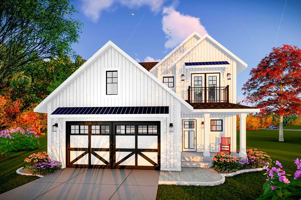 House plan exterior. Two-story Modern Farmhouse with gabled rooflines, two-car garage, and second-floor balcony.