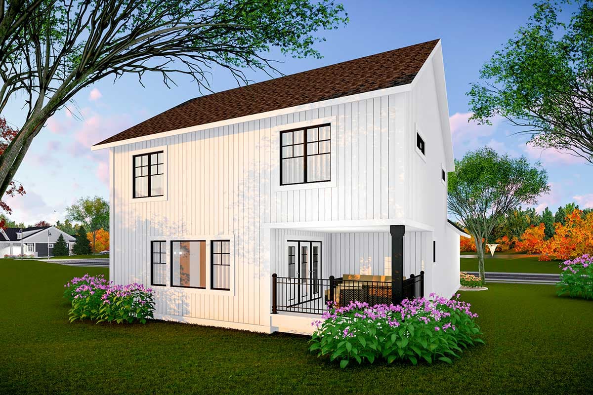 House plan exterior: two-story Modern Farmhouse with board-and-batten siding, gables, and a covered porch.