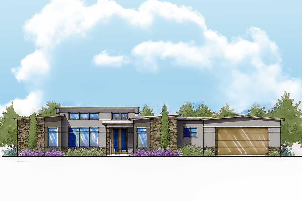 House plan exterior. Modern style, single-story home with flat roof, stone accents, and attached garage. Large windows and a covered entry.